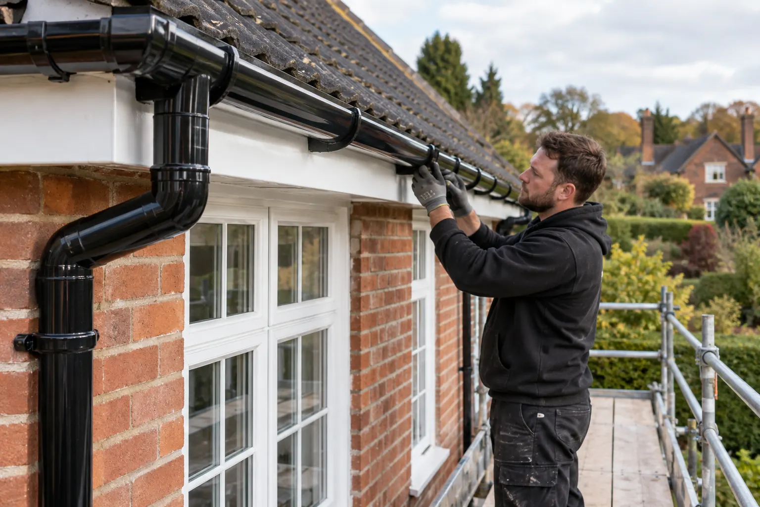Roofer clipping a new black uPVC gutter into place on a brick home, on scaffolding