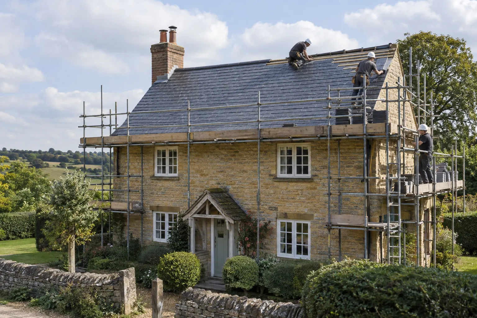 Completed slate roof on a traditional British cottage