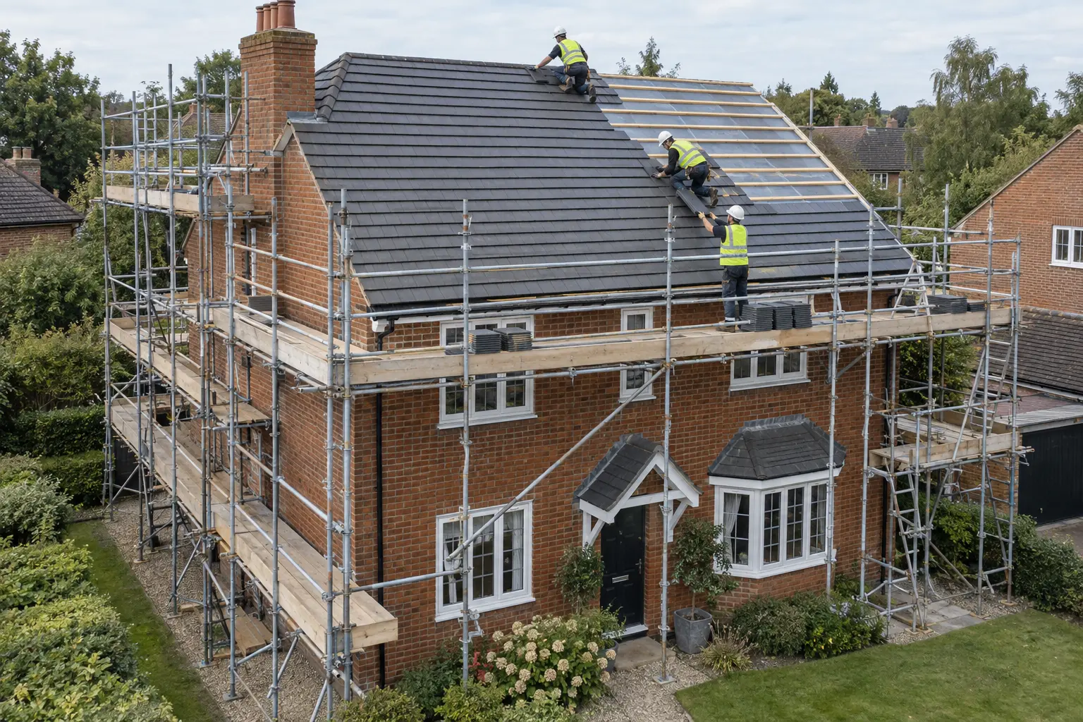 New concrete tile roof being fitted on a detached brick house with scaffolding in place