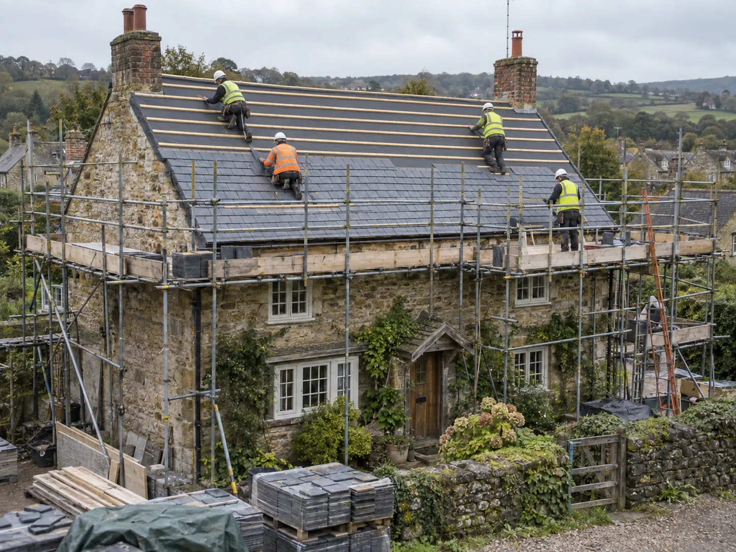 Roofers laying slate on a traditional stone property
